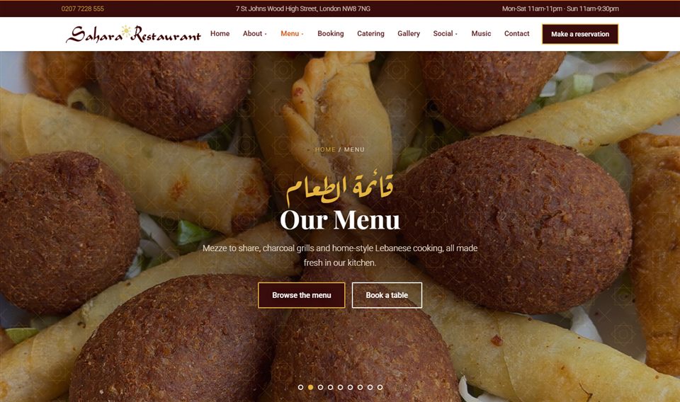 Sahara menu page with Arabic and English heading Our Menu over a photo of falafel and pastries